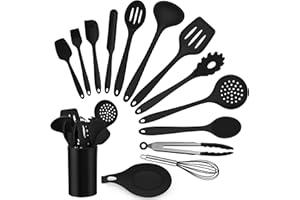 HaWare - Set di utensili da cucina in silicone, 14 pezzi, con supporto per utensili, antiaderenti, resistenti al calore, lavabili in lavastoviglie, colore: nero