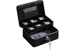 H&S Petite Caisse Monnaie Billet Piece - Boîte à Monnaie en Acier Noir avec Plateau Compartimenté pour Pièces - Petit Coffre Fort avec Serrure et 2 Clés - Boite Argent Liquide