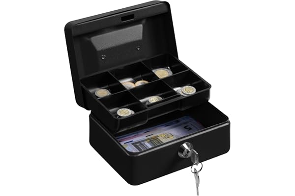 H&S Petite Caisse Monnaie Billet Piece - Boîte à Monnaie en Acier Noir avec Plateau Compartimenté pour Pièces - Petit Coffre Fort avec Serrure et 2 Clés - Boite Argent Liquide