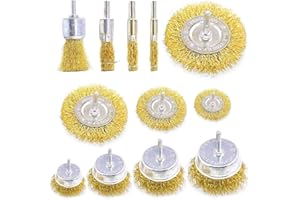 PLAYCRATE Wire Brush Drill Set - 12 Brass Coated Wheel & Cup Brushes - For Cleaning Rust Paint Removal - 1/4 inch Shank