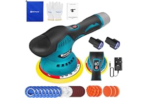 LUCN 6" Cordless Rotary Car Polisher Buffer Sander Polishing Machine 2 Li-Ion with 2PCS 12V 2.0Ah Battery, 2800-5500 RPM, 8 Variable Speed, 125mm Base for Car Care Furniture Polishing Sanding