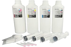 vhbw 4X Recharges d'encre imprimantes (Y/M/C/B) 1000 ML Dye p.ex. Compatible avec HP, Epson, Canon, Brother, Dell, Samsung, Lexmark, Olivetti, Ricoh
