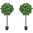 Abaseen PAIR of Artificial Bay Laurel Trees - 4ft high Tree with real wood trunk and natural leaf