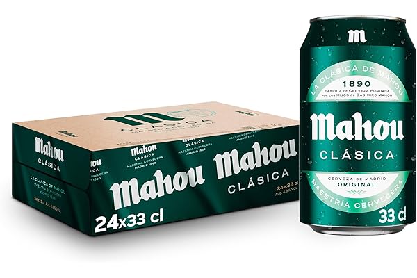 Mahou Clásica, Pack 24 Latas x 33cl, Cerveza Dorada Lager, Auténtica Cerveza Mahou Con Sabor Suave, Refrescante y Con Espuma Consistente, 4.8% Vol. Alcohol