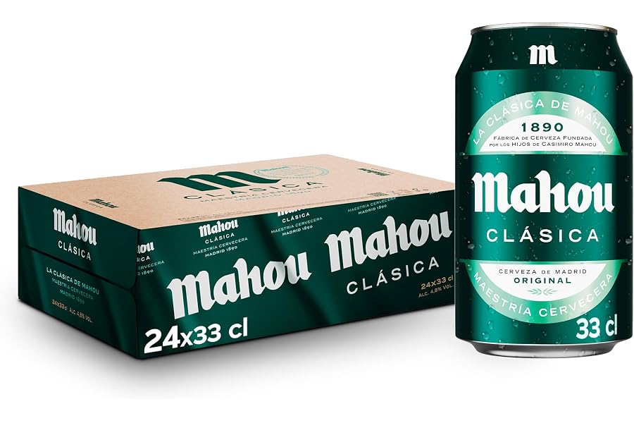 Mahou Clásica, Pack 24 Latas x 33cl, Cerveza Dorada Lager, Auténtica Cerveza Mahou Con Sabor Suave, Refrescante y Con Espuma 