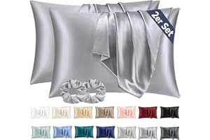 Vielit Set di 2 Federa Raso Cuscino Satin Pillowcase,Simili Morbidi Come Federa Seta Cuscino 50x80,più Facile Curare alla Federe Seta per Capelli e Pelle,Chiusura a Busta & Scrunchies,Grigio