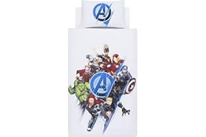 Disney Home Marvel Avengers - Set copripiumino double-face double-face, Iron Man, Spiderman, Capitan America, Hulk, 100% cotone, per letto singolo, 2 pezzi, multicolore, 135 x 200 cm + 50 x 70 cm