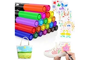 DAPAWIN 24 Textilstifte Waschmaschinenfest und 7 Schablonen, Textilstifte für T-Shirt, lätzchen zum Bemalen, Stoffbeutel zum Bemalen, Textilfarbe Waschmaschinenfest, Permanent Stoffmalstifte Textilmarker