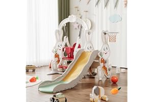 TIMORWTF Tobogán infantil 4 en 1, tobogán para el aspecto del conejo, conjunto de columpio y diapositiva para niños, con columpio, deslizador, soporte de baloncesto, bola blanca