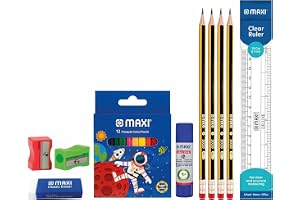 Maxi School Stationery Basic Kit,Maxi Colour Pencil 12colour+Graphite Pencil 4pcs+Ruler 15cm+Glue stick 8gm+Sharpener 2pcs+Eraser