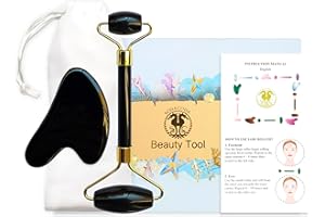 SODACODA Crystali Set Gua Sha - Massaggio Viso Tradizionale Cinese per la Bellezza - Raschietto e Rullo in Pietra Semi-Preziosa (Ossidiana Nera del Madagascar)