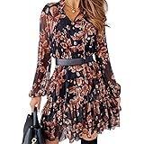 Abito da Donna Casual a Maniche Lunghe Abito Vintage Bohe con Scollo a V a Vita Alta con Volant Abito Donna Elegante Sexy Don