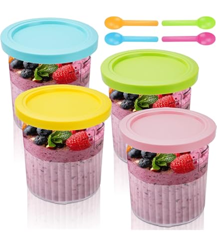 Set De 4 Pots à Crème Glacée Pour Ice Creami – Récipients Réutilisables Avec Couvercles Colorés (Rose, Vert, Gris, Bleu)