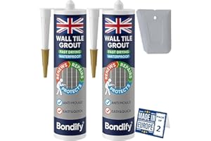 BONDIFY Waterproof Wall Tile Grout Grey Cartridge Ready Mixed 450g x 2PCs FAST DRYING Anti Mould Wall Grout Repair Kit Grey, Grout Reviver for Shower, Bathroom, Kitchen, Quick Drying Tile Gap Filler