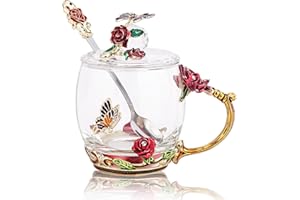 GeeWaa Zestaw kubków emaliowanych z łyżeczką i pokrywką, z motylami, kwiatami, na kawę, na Dzień Matki, wesele, urodziny, ukończenie szkoły, walentynki, dla kobiet, żony, nauczycielki, czerwony