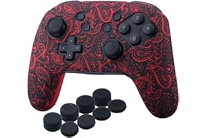 ‎YORHA YoRHa Studded Transferdruck Silikon Hülle Abdeckungs Haut Kasten Nur für Offiziell Switch Pro Controller x 1 (Blätter rot) Mit Pro aufsätze thumb grips x 8