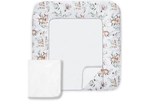 Balbina Wickeltischauflage Baumwolle, Waschbare Unterlage zum Wickeln, Wickelauflage mit Austauschbarem Frotteebezug, Widerstandsfähig & Robust, 70 x 75 cm, Rehe im Laub