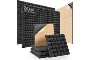 SOUNDSBAY Self-Adhesive Pyramid Acoustic Panels Sound Proofing Panels 24 Pack Acoustic Foam Panels wedges High Density Fireproof Acoustic Panels Soundproofing Foam for Recording/Studios/Offices 12"×12"×2"