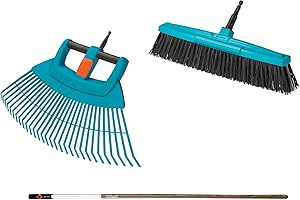Gardena Juego de Césped y Limpieza Combisystem: Juego Compuesto por Escoba de Abanico XXL, Escoba de Carretera y Mango de Madera, para Barrer Hojas y Residuos de Jardín (17356-60)