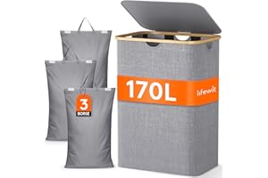 Lifewit 170L Cesto Portabiancheria con 3 Scomparti e 3 Sacchi, Grande Cesta Portabiancheria Pieghevole in Bambùcon Coperchio per Camera da Letto, Bagno, Lavanderia, Grigio Chiaro