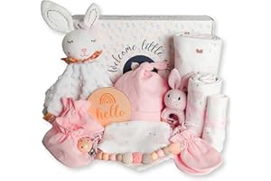 veviur - Canastilla Bebé Recién Nacido - Cesta Bebé Recién Nacido Niña – Incluye: Doudou Bebe, Sonajero, Portachupetes, Manta, Babero y Otros Textiles Esenciales algodón 100% orgánico hipoalergénico