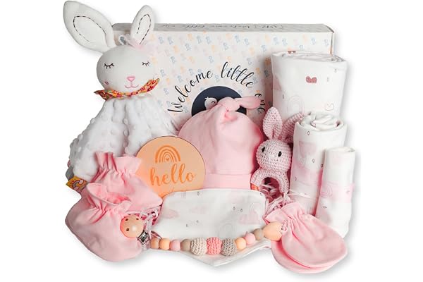 Veviur - Coffret Naissance garçon et Fille, Cadeau Naissance garçon et Fille, Les Coffrets Cadeaux incluent : Doudou bébé, hochet, Attache-Sucette, Couverture et Bavoir