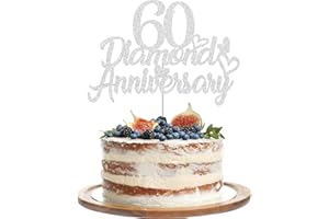Gidobo 60th Diamond Anniversary Cake Toppers, Glittery Cake Decorations with Love Heart Pick for 60th Wedding Anniversary Party Supplies