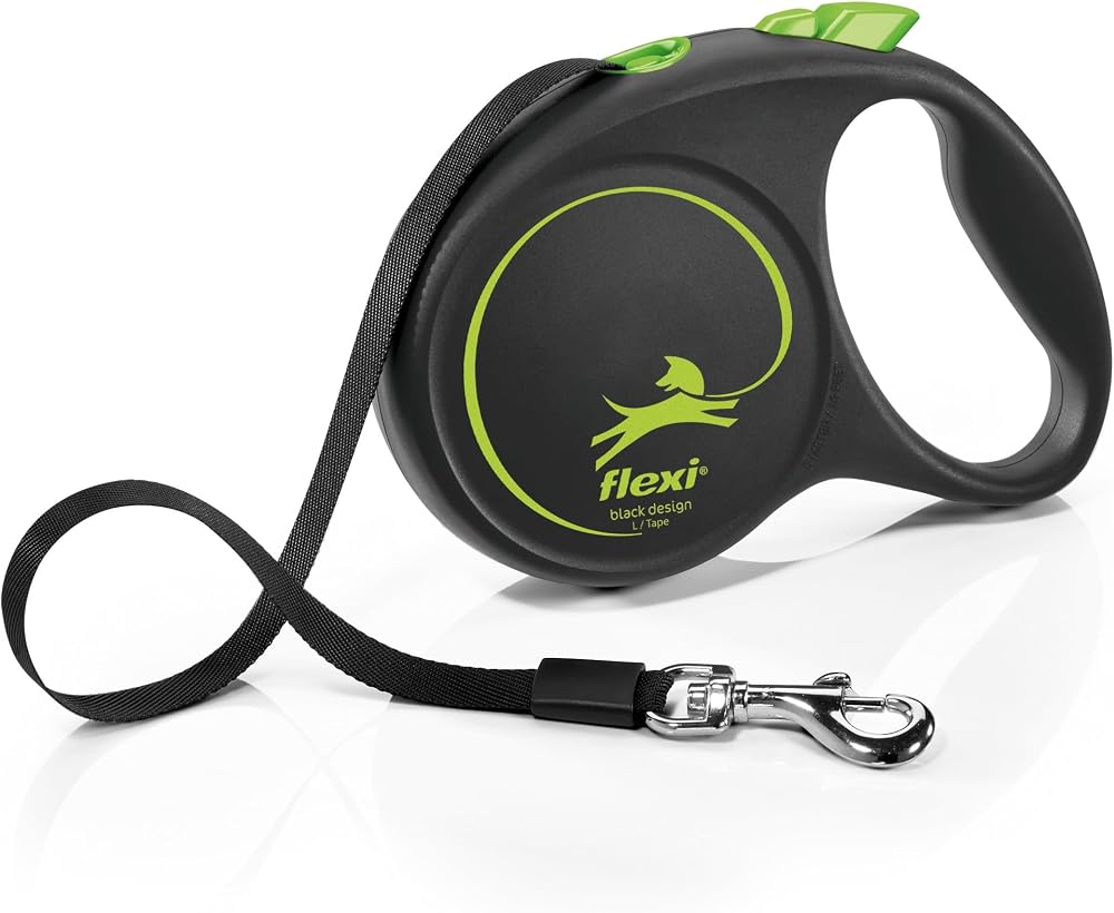 Flexi Black Design L Beden Yeşil 5MT Şerit Tasma | Tek elle acil fren, durdur ve git düğmesi, ergonomik yumuşak sap, sağlam karabina, Almanya'da üretilmiştir