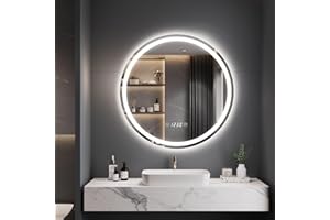 ‎DRIPEX Dripex Badspiegel mit Beleuchtung Rund Led Spiegel mit Uhr und Touch-Schalter, Dimmbar, 3 Lichtfarbe Einstellbare Runder Badezimmerspiegel mit Beleuchtung, Beschlagfrei 50x50 cm