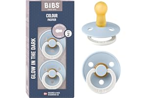 Tétine BIBS Colour Glow. Lot de 2 sucettes. Brillent dans le noir. Sans bisphénol A, Téterelle ronde. Latex de caoutchouc naturel, Fabriqué au Danemark, Taille 2 (6-18 mois), Baby Blue Glow