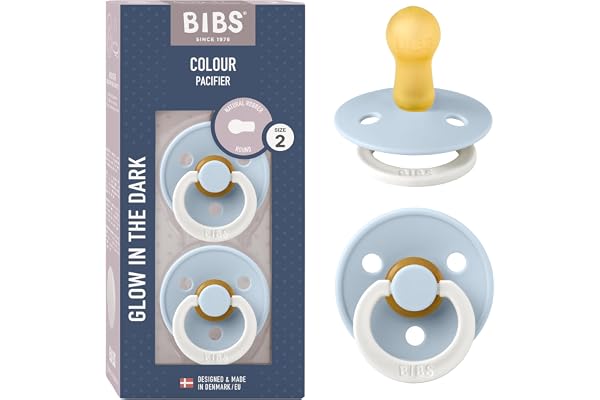 Tétine BIBS Colour Glow. Lot de 2 sucettes. Brillent dans le noir. Sans bisphénol A, Téterelle ronde. Latex de caoutchouc naturel, Fabriqué au Danemark, Taille 2 (6-18 mois), Baby Blue Glow
