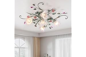 MEIBEILEIL Deckenleuchte Landhaus,Vintage Blumen Design Metall Pendelleuchte, Kronleuchter Mit Glas Lampenschirm Und Rosa Rosen Keramik Für Wohnzimmer Schlafzimmer Restaurant Flur 5 Kopf Grün