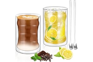 GIAEYHM Conjunto de 2 Tazas de Café de Cristal, 400ML Vasos de Espresso de Doble Pared Transparente, Tazas de Vidrio Borosilicato con 2 Cucharas y 1 Cepillo, para Cafe Leche Té Latte Macchiato y Más