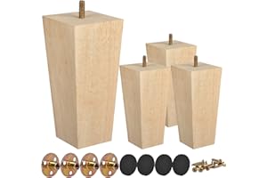 TCHOSUZ 5 inch / 12cm Wooden Furniture Legs, Pack of 4 Mid Century Modern Solid Wood Unfinished Pyramid Square DIY Replacement Feet with M8 Hanger Bolts & T-Nuts for Sofa Couch Bed Recliner Riser