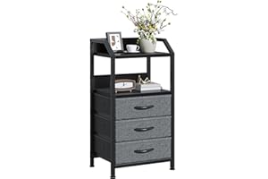 GoaHi Bedside Table, Nightstands with 3 Fabric Drawers and Open Shelf, Modern Sofa End Tables with Wood Top and Metal Frame for Bedroom, Living Room, Small Spaces,Black