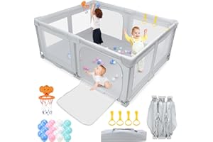 Growithu Foldable Playpen for Babies and Toddlers - 180 x 150 x 75 cm Large Playpen for Indoor and Outdoor Use, Large Portable Playpen with Travel Bag, 1 Ball Holder, 20 Balls and 4 Handles