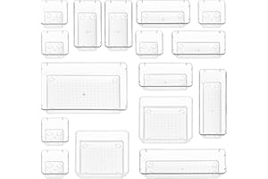 Stackzy Drawer Organiser Set – Makeup Organiser Tray for Drawers – Clear Cosmetics Container Tray for Bedroom – Utensil Cutlery Set Divider – Kitchen Storage & Organisation – 16pack