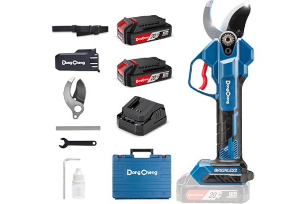 Dong Cheng Sécateur Électrique Sans Fil 20V, 4 Niveaux de Coupe Jusqu'à 35 mm, Lame SK5 avec 2 Batteries 2.0Ah, Sécateur de Jardin Professionnel à Moteur Sans Balais pour Jardin, Branche et Arbuste