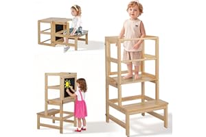 LEADZM Tour d'Observation Montessori dès 18 Mois - 3-en-1 Pliable avec Tableau Noir et Réglage de Hauteur | Sécurité Anti-Bascule & Design en Bois Robuste pour Cuisine, Salle de Bain et Espace Enfant