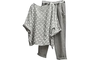 GENERICO Tuta Lino Donna Estiva, Donna Tuta Estiva Moda da Spiaggia Completo Sportivo in Due Pezzi Lino Maglia a Manica Corta + Pantaloni Lunghi Abbigliamento Elegante Casual Completo Larghi Curvy Tuta da Casa