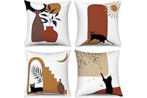Hnmdmyi Funda de Cojín Boho 40x40 Juego de 4, Abstracto Gato Negro Planta Sol Luna Fundas de Cojín Decorativas Arte Moderno Minimalista Estética Funda de Cojín de Lino para Sofá Decoración del Hogar