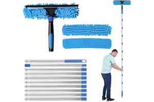 CUMNVULNT 4.5M Window Cleaning Kit, Extra Long 2-in-1 Extendable Window Cleaning Equipment with Microfiber Cloth Squeegee Strips for High Windows, Walls & Cars (blue)