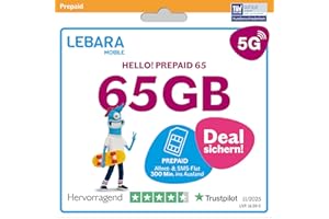 LEBARA Hello! 65 Prepaid SIM-Karte | Handy-Tarif ohne Vertrag | inkl. Allnet Flat Minuten & SMS in alle dt. Netze + 65 GB inkl. 5G + 300 Minuten ins Ausland + EU-Roaming