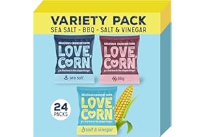 LOVE CORN Variety Pack (8x Sea Salt, 8x BBQ, 8x Salt & Vinegar) – Healthy Snacks Ideal for Gluten Free & Vegan Diets – Low Sugar Alternative for Crisps, Mixed Nuts & Pretzels – Perfect To Graze On