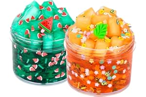 JAMDESDW 2 Pack Jelly Cube Crunchy Slime Kit with Leaves and Watermelon Charms Crystal Clear Slime Super Soft Putty Supplies Toys, Party Favors for Kids Valentine Slime for Girls Boys