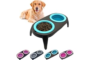 EL ÁTICO PETS Gamelle Chien Surelevee, 2 en 1 Gamelle Anti Eclaboussure Chien et Gamelle Anti Glouton Chat Eau, Support, Bols Amovibles et Pliables (Bleu)
