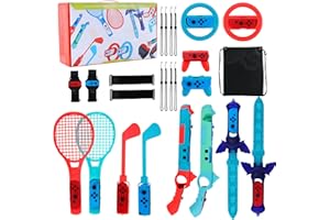 zerotop 15 in 1 Switch Sport Zubehör Set Bundle, Switch Sports Zubehör Set für Nintendo Switch & OLED Satz mit Tennisschläger Golfschläger Lenkrad Joycon Griffe Spiel Pistole Schwert Beinschlaufe