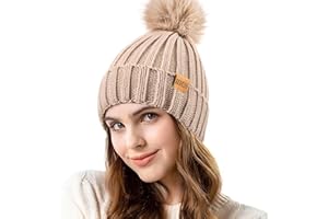 REDESS Womens Winter Knitted Beanie Hat Warm Fleece Lined with Pompom Cap Thick Slouchy Snow Knit Skull Cap