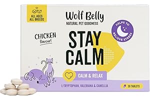 WOLF BELLY NATURAL PET GOODNESS Wolf Belly - Calmante Perros y Gatos Sabor Pollo (30 Comprimidos) con Valeriana, Té Verde y L-Triptófano | Bienestar y Relajación Puntual | Efecto Natural y Progresivo - Hecho en Europa