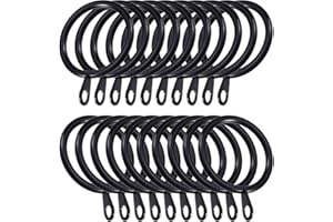 HOMEELABADOR Pack of 24 Strong Metal Curtain Hooks Rings with Fixed eyelets for Curtain pole 25mm-28mm wide Black Curtian Ring 30MM Internal Diameter